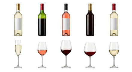 Elegant collection of wine bottles and glasses with different varieties on isolated transparent