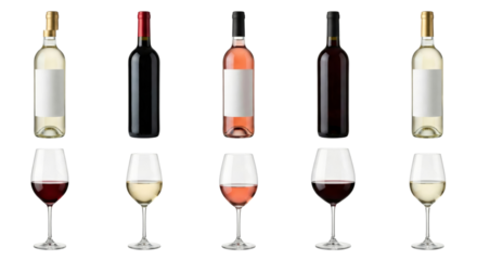 Elegant collection of wine bottles and glasses with various wine types on isolated transparent