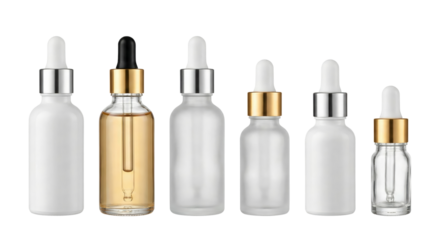 array of six skincare serum bottles with minimalist design isolated on transparent background