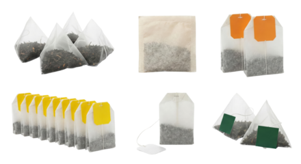Collection of various tea bags and pyramid steepers isolated on a transparent background