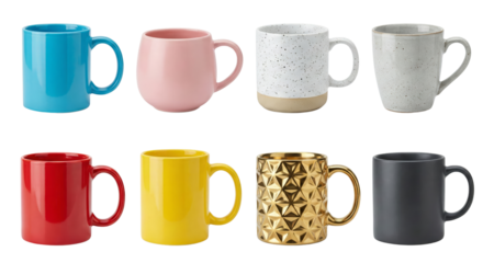 Set of colorful ceramic mugs with diverse textures and glossy finishes isolated on transparent