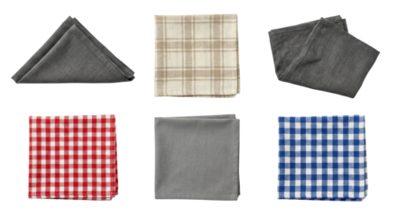 Assorted folded napkins with checkered and plain designs isolated on transparent background