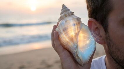 Man Listening to Seashell on Beach.