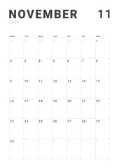 Monthly page Calendar Planner Template design of November 2026. Vector layout of calendar with week start Monday for Scheduling. Page for size A4 or 21x29.7 cm