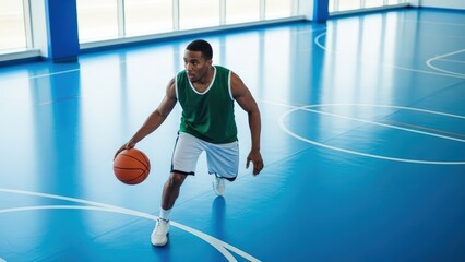 Dynamic African American athlete powerfully dribbles an orange basketball across a bright blue indoor court, embodying fitness, agility, and intense concentration during training