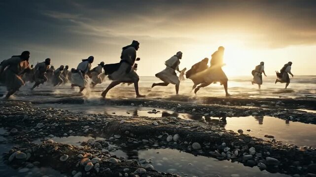 Moses parts the Red Sea, leading the dramatic biblical Exodus