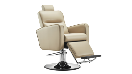 Beige leather reclining barber chair with chrome base and adjustable footrest for salon use in a modern setting