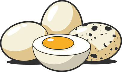 A collection of whole and cut eggs showing a yolk in a shell isolated on transparent background
