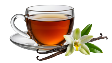 A glass teacup filled with brown tea on a saucer with vanilla beans and an orchid flower on a white background