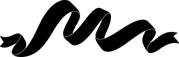 Elegant flowing black ribbon banner graphic design element for announcements, awards, or decorative event embellishments, offering a versatile design solution