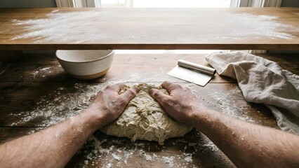 Baker Kneading Dough on Floured Surface.