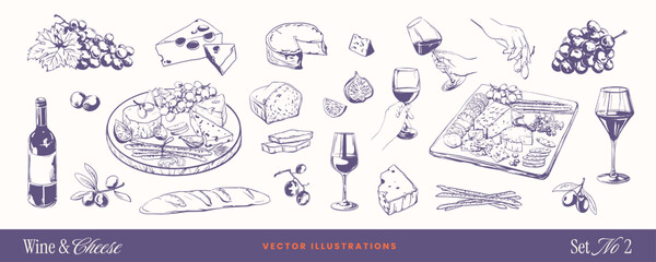 Wine and cheese food doodle sketch icons with bottle, grapes, olives and Italian food elements. Hand-drawn vintage vector line art for restaurant menu, party invitation, or charcuterie board design