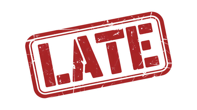 Red rubber stamp with the word late on a white background, indicating delay or tardiness in a formal or official context
