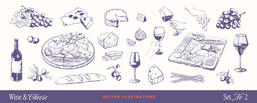 Wine and cheese food doodle sketch icons with bottle, grapes, olives and Italian food elements. Hand-drawn vintage vector line art for restaurant menu, party invitation, or charcuterie board design