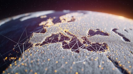 Global Digital Network Over Europe on Earth Globe Showing Data Connectivity, Internet Infrastructure, Technology and Communication