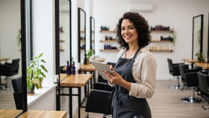 Smiling female stylist confidently manages her modern hair salon, using a tablet for efficient client records amidst bright, airy surroundings