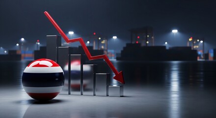 Thailand economy decline with downward trend graph and flag