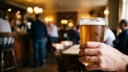 Hand holding a beer glass in a pub.