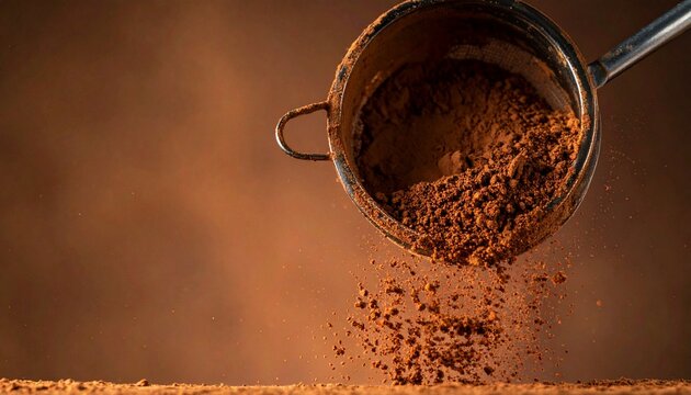 Close-up shot of cocoa powder being sifted through a metal sieve onto a wooden surface.