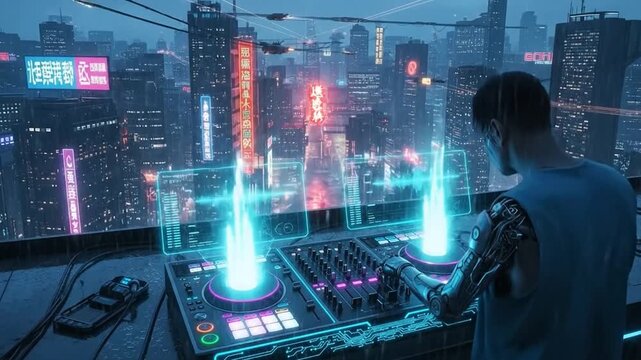 DJ mixing console setup against cyberpunk neon cityscape backdrop.