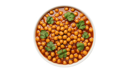 A bowl of chickpeas in a rich red curry sauce garnished with fresh green cilantro leaves on a white background