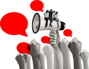 Mixed media composition with megaphone and raised fists on transparent background. Concept of political messaging, mass influence, voter mobilization and public discourse.