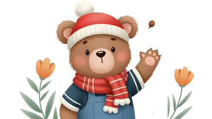 Cute Cartoon Bear &ndash; Winter Hat, Scarf, and Outfit with Flowers PNG