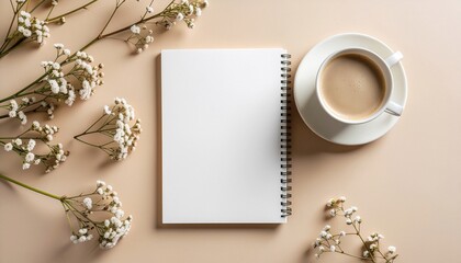 Clean Notebook and Coffee Mockup on Soft Beige Desk
