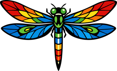 Fototapeta premium Colorful stained glass-style dragonfly with vibrant rainbow wings, green body, and large expressive eyes on a white background.