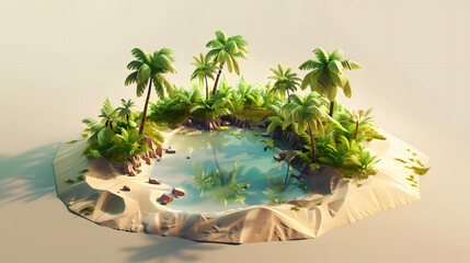 3d Isometric low poly clay style island with small lake