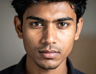 Obraz premium Close-up portrait of a young man with dark skin and intense gaze, looking directly at the camera.