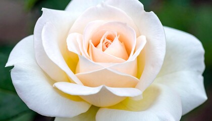 Close-up view of a beautiful white rose with a soft peach-colored center, showcasing delicate petals.