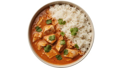 A bowl of delicious chicken curry with rice garnished with fresh cilantro leaves on a white background