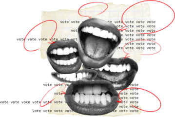 Conceptual collage with expressive mouths and vote typography on transparent background. Concept of public opinion, political debate, mass communication and electoral noise.