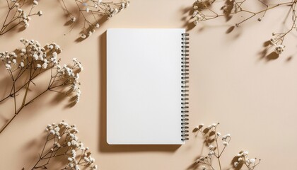 Clean Desk Notebook Mockup Top View on Soft Beige Background
