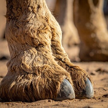 Close-up view of a camels foot on sandy ground, showcasing texture and detail.