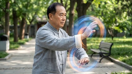 Man Practicing Tai Chi in Park.