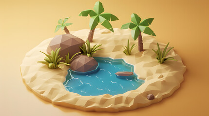 3d Isometric low poly clay style island with small lake