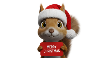 Adorable squirrel wearing Santa hat holding merry Christmas sign joyfully