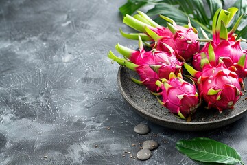 Minimalistic mockup fresh dragon fruits arranged on concrete stone background top-view with copy space, ideal for branding, product presentations, food design, health concepts, promotional visuals