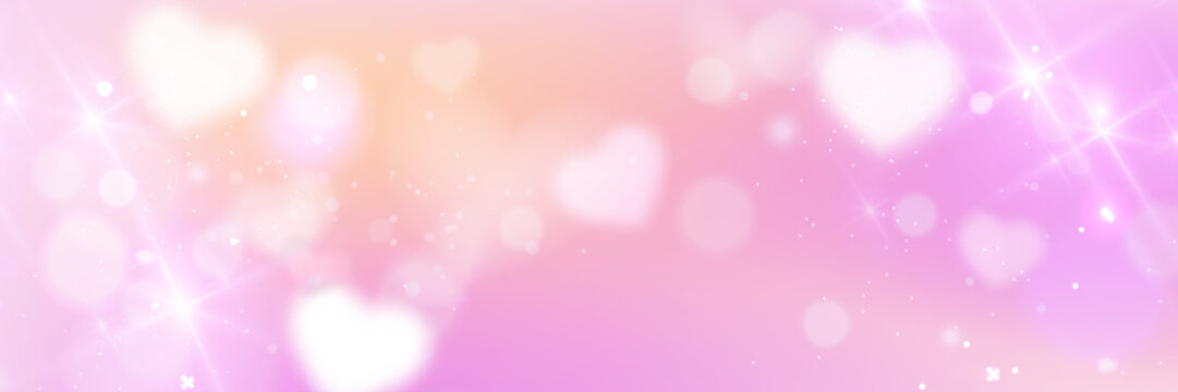 Pink bokeh heart background with glitter and sparkle effects. Love themed soft gradient pattern with light elements, cute pastel colors and romantic dreamy atmosphere for Valentine Day design.
