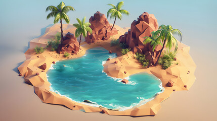 3d Isometric low poly clay style island with small lake