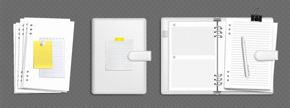 White ring binder mockup set with grid and lined paper, paperclips and yellow sticky notes. Open and closed notebook folder with dividers, lined sheet and pen. Realistic 3D diary stationery collection