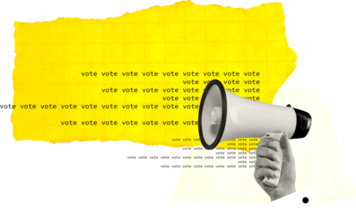 Minimal mixed media design with megaphone and voting message on transparent background. Concept of voter outreach, political communication and election awareness.