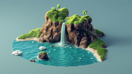 3d Isometric Low poly clay style island with waterfall