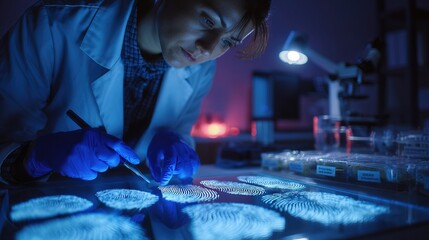 scientist studies fingerprints on glass surface using small tool. lab is dimly lit with blue light coming from workspace and microscope