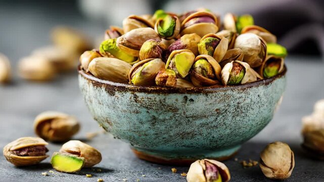 Close Up of Pistachios in Rustic Blue Bowl on Textured Gray Surface Showing Brown Shells and Bright Green Nuts Emphasizing Freshness and Natural Coloration Food Still Life