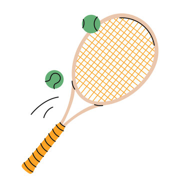 Hand-drawn tennis racket with green balls.Ideal for sports graphics, creative projects and designs.Colorful playing tennis Racket icon.Vector illustration isolated on white background.EPS 10
