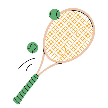 Hand-drawn tennis racket with a broken string and green balls.Ideal for sports graphics, creative projects and designs.Colorful Racket icon.Vector illustration isolated on white background.EPS 10