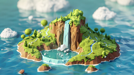 3d Isometric Low poly clay style island with waterfall